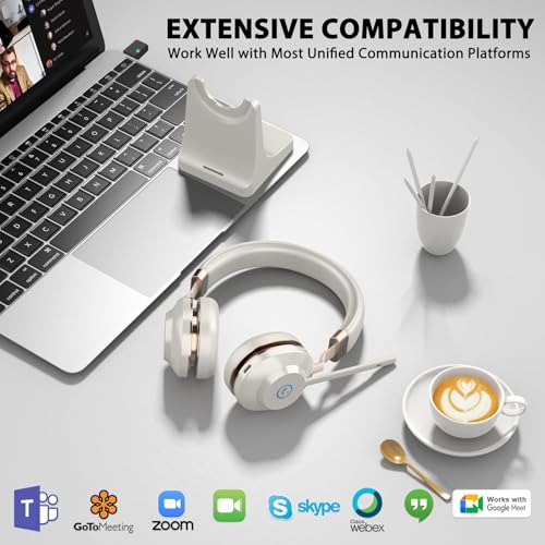Wireless Headset with Mic for Work, Bluetooth Headset with Microphone Mute & USB Dongle, 45HrsWireless Headphones with Mic Noise Canceling& Charging Dock for WFH/Call Center/PC/Teams/Trucker/Office