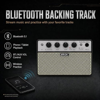 EROK BA-10B Mini Bass Amp, 10W Electric Bass Amplifier with Bluetooth 5.1 | Rechargeable 3000mAh Battery, Clean/Drive Modes, Headphone Output, AUX Input, Compact Practice Design
