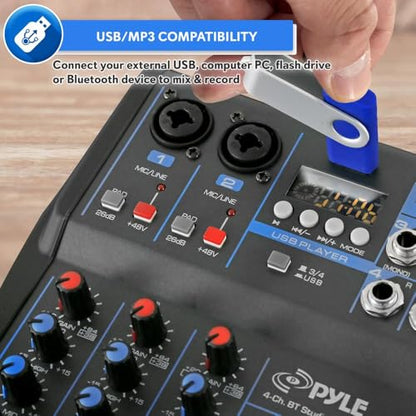 Pyle 4 Channel Audio Mixer with Bluetooth - DJ Sound Board Controller - USB Computer Input - Built-in MP3 Player - 48V Phantom Power - 3 Band EQ - 16-Bit DSP FX - Band, Studio Ready - PMXU43BT