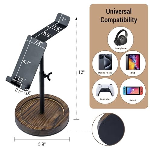 MyGift Industrial Matte Black Metal Headphone Stand with Adjustable Height and Burnt Wood Tray – Desktop Headset Holder for Office, Gaming, or Studio Setup - color: Dark Brown (Adjustable Height)