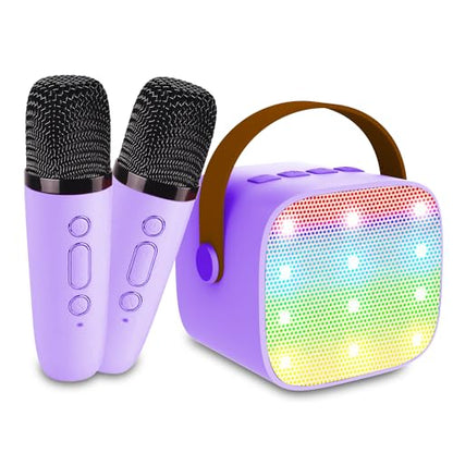Portable Bluetooth Karaoke Speaker with 2 Wireless Microphones & LED Lights for Kids Birthday Parties - color: K1-2MIC-PURPLE