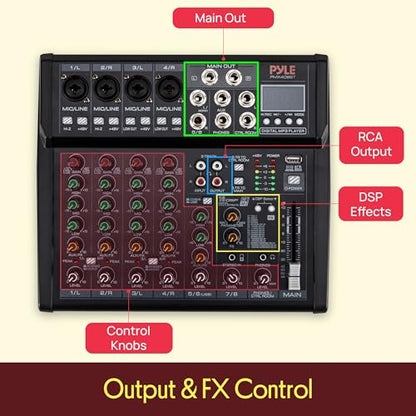 Pyle 8 Channel Studio Mixer - Small Footprint, USB - PC Recording, Bluetooth In, MP3 Player, DSP Effects, +48V Phantom Power, XLR Combo Inputs, Control Room Out, Smooth Dials and Faders - PMX408ST - size: 8