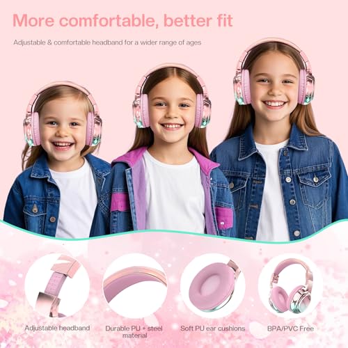 QearFun Kids Bluetooth Headphones, 60H Playtime, 74/85/94dB Safe Volume Limit, Metallic Gradient Wireless Headset with HD Mic, Fast Charging, Foldable, Wired 3.5mm Mode for School/Tablet/Travels | For school, tablet, travel, kids wireless headphones featu