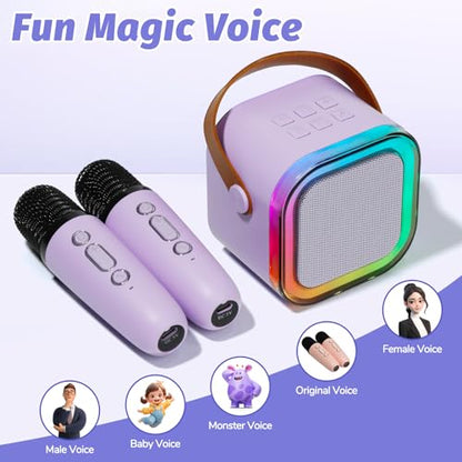 Mini Karaoke Machine for Kids, Portable Karaoke Speaker with 2 Wireless Microphones,Voice Effects,LED Lights, Singing Machine for Girl, Ages 3,4,5,6,7,8,9,10,11,12+ Years Old Birthday Gift(Purple) - color: Purple