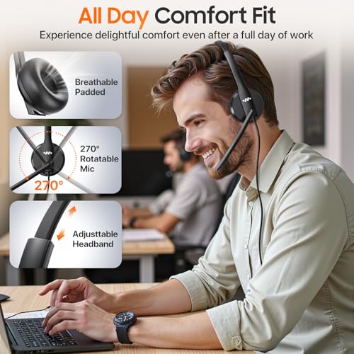 USB Headset with Microphone for PC，Wired Computer Laptop Headset with Noise Cancelling Microphone, Work Headphones with Mic for Home Office Teams Zoom (USB-A&C)-Black