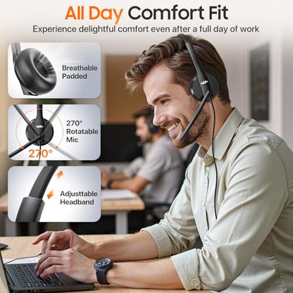 USB Headset with Microphone for PC，Wired Computer Laptop Headset with Noise Cancelling Microphone, Work Headphones with Mic for Home Office Teams Zoom (USB-A&C)-Black