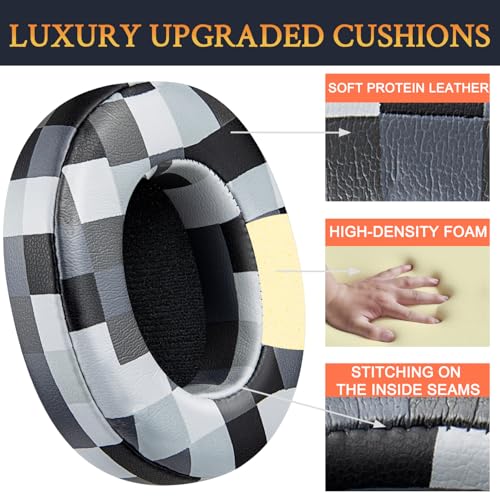SOULWIT Replacement Earpads for Skullcandy Hesh 3/ANC/Evo & Crusher Wireless/540/ANC/Evo & Venue ANC Over-Ear Headphones, Ear Pads Cushions with Protein Leather, Noise Isolation Foam - Black&Gray Grid - color: Black&Gray Grid