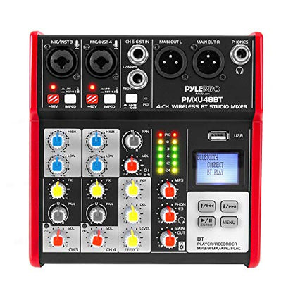 PYLE Studio Audio Sound Mixer Board - 4 Channel Bluetooth Compatible Professional Portable Digital DJ Mixing Console with USB Mixer Audio Interface - Mixing Boards For Studio Recording - PMXU48BT