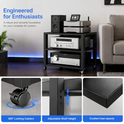 3 Tier Audio Rack Tower, CD Record Player Stereo Receiver AV Equipment Cabinet Display Rack, Weight Capacity 661 lbs, with Adjustable Wooden Shelves for Home (3 Tier Black) - size: 3 Tier Black