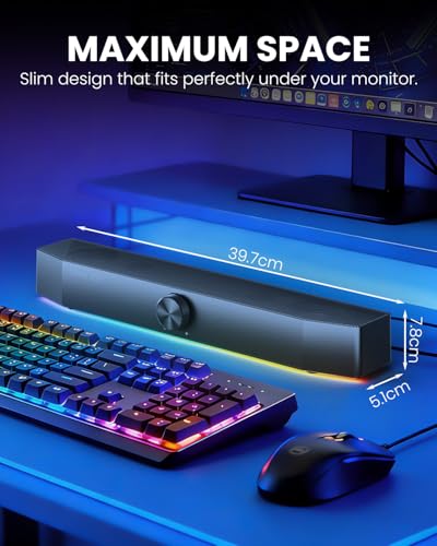 Computer Speakers for Desktop, 2.0 Channel PC Speakers with Bottom Glow LED Light, Clear Sound Soundbar for Desktop Laptop Monitor, 3.5mm Aux Input, USB Powered, Black