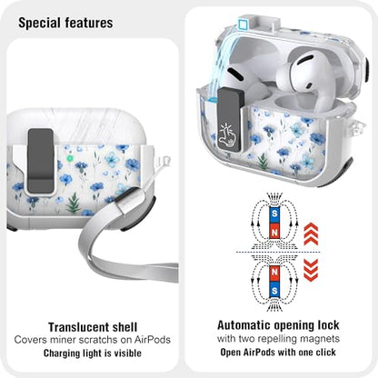 WENEW Case for AirPods Pro & Pro 2 Case Cover Secure Lock Automatic Snap Switch Clip Cleaner Kit Lanyard Women Stylish Flower Full Body Hard Shell Front LED Visible (Blue Flower, AirPods Pro & Pro 2) - color: Blue Flower, size: AirPods Pro & Pro 2