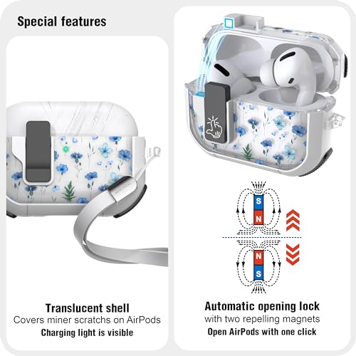 WENEW Case for AirPods Pro & Pro 2 Case Cover Secure Lock Automatic Snap Switch Clip Cleaner Kit Lanyard Women Stylish Flower Full Body Hard Shell Front LED Visible (Blue Flower, AirPods Pro & Pro 2) - color: Blue Flower, size: AirPods Pro & Pro 2