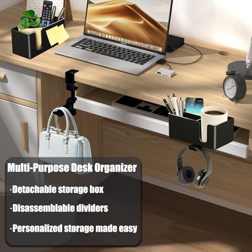 Yinqster 2/3/4 in 1 Desk Cup Holder and Headphone Hanger,Clip on Cup Holder with Rotating Headphone Stand & 2 Wire Holes,Detachable Side Desk Organization for Table,Office Accessories - size: 4 in 1 Medium