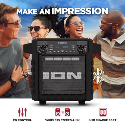 ION Tailgater Classic Portable Bluetooth Outdoor Speaker, Black | Water Resistant, Rechargeable Battery, Radio, USB Charging, Stereo Linking, App Control, for Parties and Outdoor Events - style: Tailgater Classic - Black