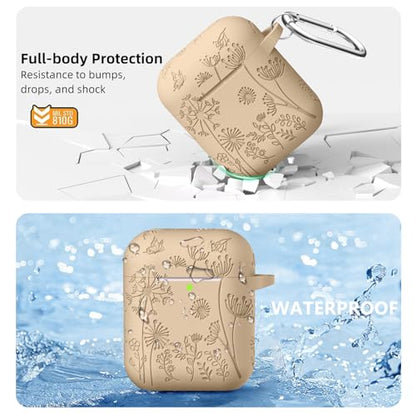 Lerobo for AirPod Case 2nd/1st Generation with Keychain | Flower Engraved Silicone Protective Cover for AirPods 2 Case, Wireless Charging, Led Visible, One-piece Design, Milk Tea - color: Milk Tea