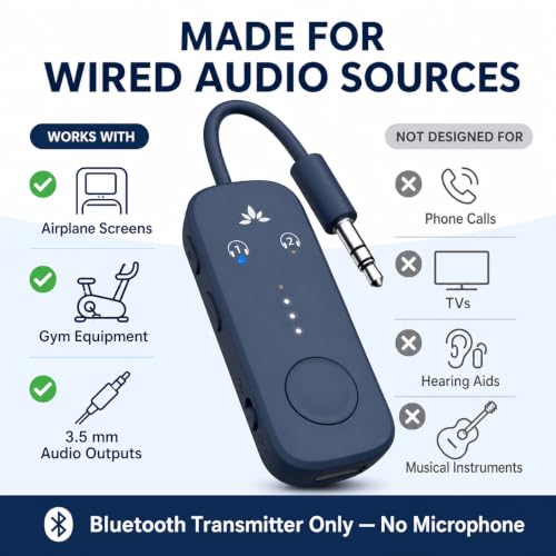 Avantree Relay - Airplane Bluetooth Adapter for 2 AirPods or Headphones | Qualcomm aptX Adaptive, 25H Battery, Firmware Upgrades, Volume Controls, 3.5mm AUX Audio Transmitter for Flight Travel & Gym - color: 3-Midnight Blue