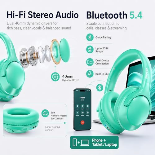 Bluetooth Headphones Wireless 68H with Mic,Decent Sound-Acceptable Cyan | Adjustable Headband Foldable Over-Ear Lightweight for Office/Travel/Tablet/iPad/Laptop,HD Stereo Sound,Aux 3.5mm,Green - color: Cyan