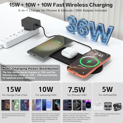 ZealSound 3-in-1 Wireless Charging Pad, Fast Charger Mat with 36W Adapter for iPhone 17/16/15, Samsung Galaxy, Pixel, AirPods & Galaxy Buds, Ultra Slim Case Friendly PU Leather for Home Office Travel - color: Black 2