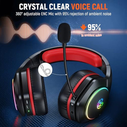 Tatybo Wireless Gaming Headset for PS5 PC, Dual Mode, Low Latency, Red | 7.1 Surround Sound, Bluetooth+2.4GHz Dual Mode, Noise-Canceling Mic for FPS Battle Royale, 40Hrs for Switch, Mobile, Laptop - color: Red