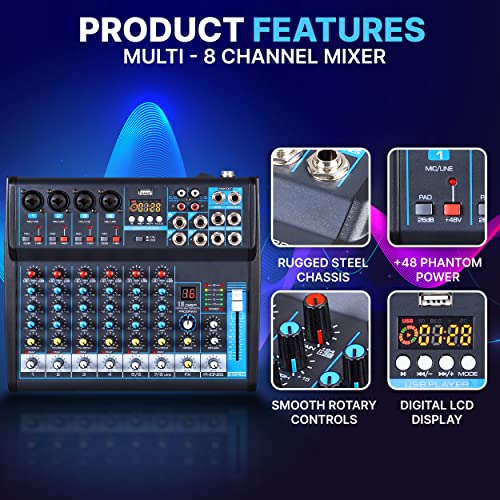 Pyle 8 Channel Bluetooth Studio Mixer - USB Computer Recording, Built-In MP3 Player, 48V Phantom Power, 16-Bit DSP FX, 3-Band EQ, XLR Combo Inputs, DJ Sound Board - PMXU83BT.5 - size: 8