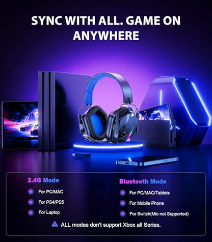 Vakedy HW12 Wireless Gaming Headset for PC, PS5, PS4, Switch, Mac, 2.4GHz Bluetooth Over Ear The Headphones with Noise Cancelling Mic, Stereo Sound, LED Light, 50H Battery Headsets for Gamers