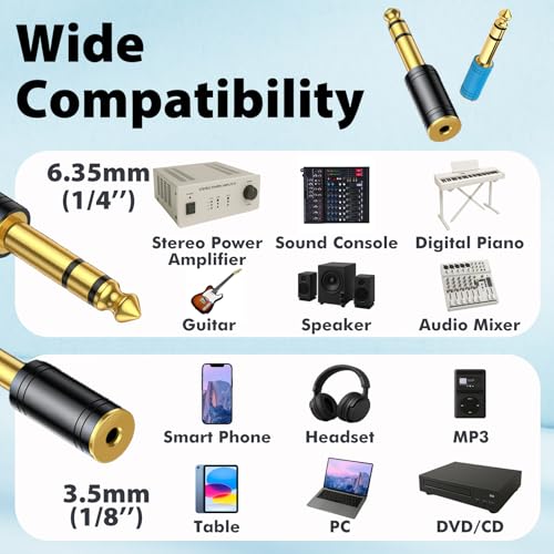 2-Pack 3.5mm to 1/4 Headphone Adapter – Heavy-Duty 6.35mm | Male to 1/8" Female Headphone Jack Adapter for Amp, Guitar, Mixer, Home Theater, AV Receiver – Copper Construction for Clear - style: 2 pair 6.5mm