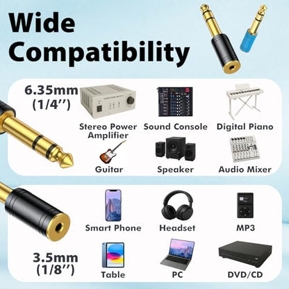 2-Pack 3.5mm to 1/4 Headphone Adapter – Heavy-Duty 6.35mm | Male to 1/8" Female Headphone Jack Adapter for Amp, Guitar, Mixer, Home Theater, AV Receiver – Copper Construction for Clear - style: 2 pair 6.5mm