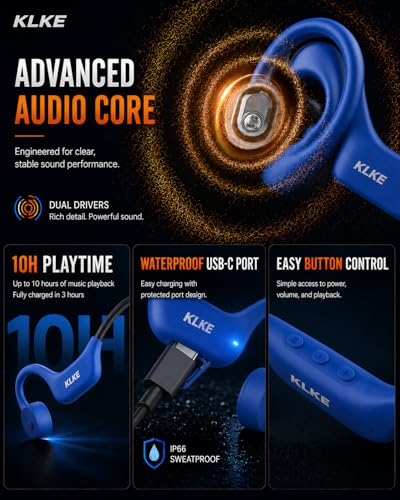 Bone Conduction Headphones for Running with mic and Rear Safety Light | Dual Sound Modes, Adjustable Fit, 10H Playtime, USB-C Charging, Clear Calls, Lightweight Comfort for Gym, Cycling and Hiking. - color: KLKE-Blue