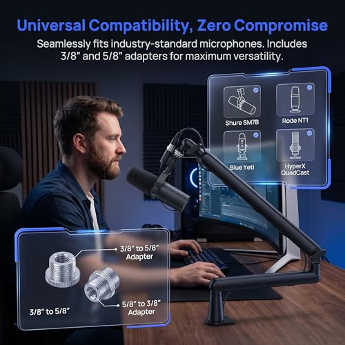 Dual Microphone Boom Arm Stand with Desk Clamp Mount, 2KG Load Capacity, Cable Management, Adjustable Articulating Arm, Black