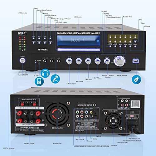 Pyle 4 Channel Bluetooth Amplifier with Front Loading DVD/CD Player - 3000 Watt Stereo Receiver with FM Radio, Dual Microphone w/Echo for Karaoke, USB-A in, LED, Rack Mount - PD3000BA.5