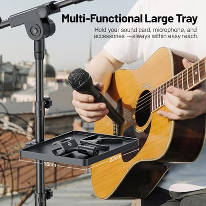 Phenyx Pro Adjustable Microphone Stand with Large Tray MA-S1 | 22 x 16 cm Tray, Adjustable Height, Dual Mic Clips, Carrying Bag, Live Streaming, Recording, Speeches