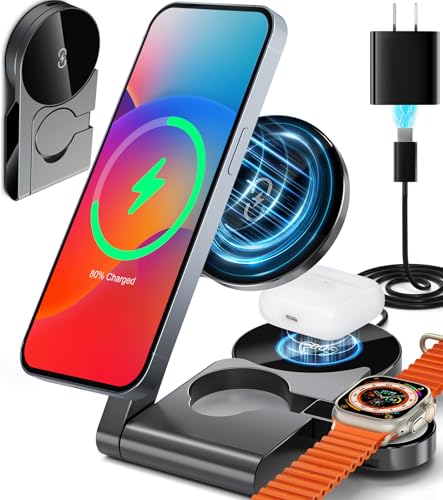 𝟐𝟎𝟐𝟔 3 in 1 Wireless Charging Station Mag-Safe Fast Charging Station for Apple MagSafe Charger, with USB C Charger, Foldable Charging Magnetic Wireless Charger Stand, Space Aluminum Travel Charger - color: Luxury Black