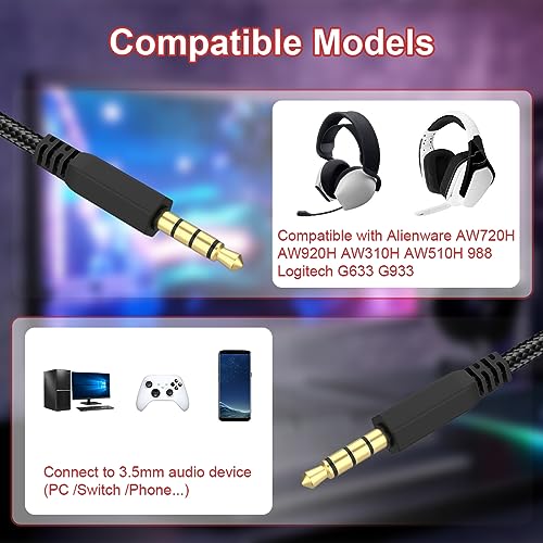 AW920H Detachable Gaming Headset Cable Compatible with Alienware AW720H AW310H AW510H 988 Alienware Dell Gaming Headset,Nylon Braided Wire with Inline Mute Switch and Volume Controller(5.5ft) - color: Black