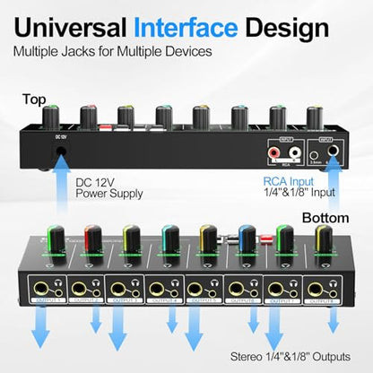 8 Channel Headphone Amplifier, 16 Outputs Stereo Audio Amplifier | Metal Headphone Amp with 1/4", 1/8" & RCA Inputs, RGB Volume Control, Stereo/Mono Switch for Studio, Podcast, Streaming - size: M