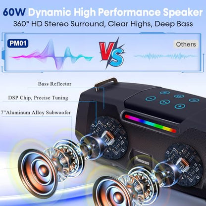 60W Clear Powerful Karaoke Machine: Portable 2 Wireless UHF Microphones | 6-12H Long Runtime Karaoke Speaker for All Home Party & Events 10s 5.3 Bluetooth Fast Pairing & 50ft Stable Connection