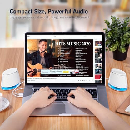 Sanyun SW102 Computer Speakers for Desktop PC Laptop, 2.0 USB Powered | Dual Passive Radiators, Punchy Bass, 3.5mm AUX for Audio, In-Line Volume Control, Plug and Play, Space-Saving (Pair, White) - color: White