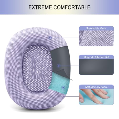 Upgraded Ear Cushions for Apple AirPods Max, Mesh Ear Pads Replacement | Air Pods 1 & 2 Over-Ear Headphones Ear Cups with Original Silicone Design (Purple) - color: Purple