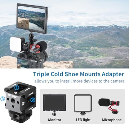 UTEBIT 3 Port Cold Shoe Mount with 1/4"-20 Thread, Black | Cold Shoe Extension Bracket with 3.8" Magic Arm Dual 1/4 Screw Head Adapter for Camera Cage Flash LED Monitor Microphone