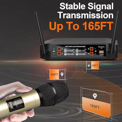 Depusheng DX4 Wireless Microphone with 4 Professional UHF Dynamic Mic Cordless Handheld Microphone System for Karaoke Singing Party Church Wedding PA Speaker