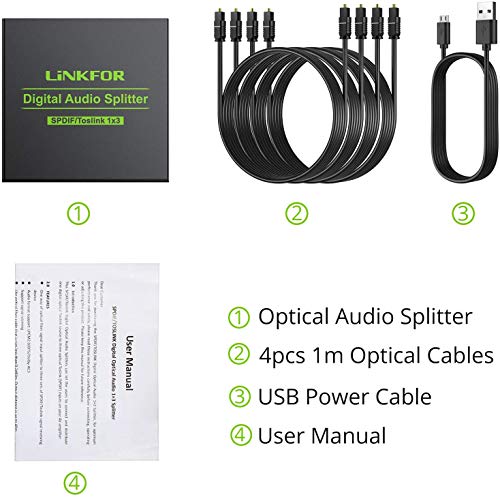 LiNKFOR 3 Port Toslink Splitter with 4pcs 6ft Optical Cable Digital Optical Audio Splitter Aluminum Alloy SPDIF Toslink Fiber Audio Splitter 1 in 3 Out Support Dolby-AC3 DTS for PS3 DVD HDTV - style: 1x3 Splitter with 4pcs Cable
