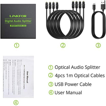 LiNKFOR 3 Port Toslink Splitter with 4pcs 6ft Optical Cable Digital Optical Audio Splitter Aluminum Alloy SPDIF Toslink Fiber Audio Splitter 1 in 3 Out Support Dolby-AC3 DTS for PS3 DVD HDTV - style: 1x3 Splitter with 4pcs Cable