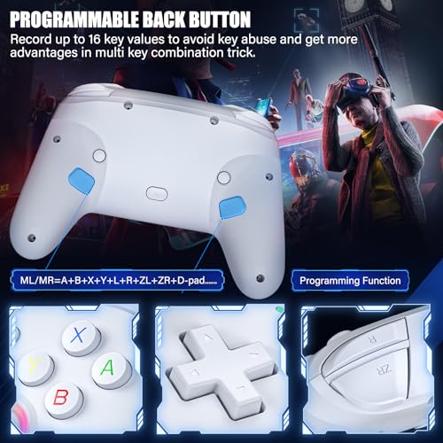 HUDOBBYE Switch Pro Controller Wireless for Switch/OLED/Lite Accessories, Wireless iOS Android Remote Gamepad, Wired PC Game Joystick, Switch Turbo Controller with 10 Cool Led Light,Programmable - color: LED White