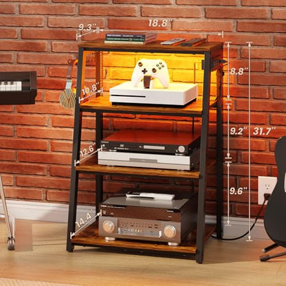4-Tier AV Media Stand with Power Strips, Heavy Duty Stereo Cabinet Stand with LED Lights, Wooden Record Player Stand with 2 Hooks, Audio Stand Furniture Perfect for DVD Player/Game Console/TV Box/Xbox - style: With Outlet and Light