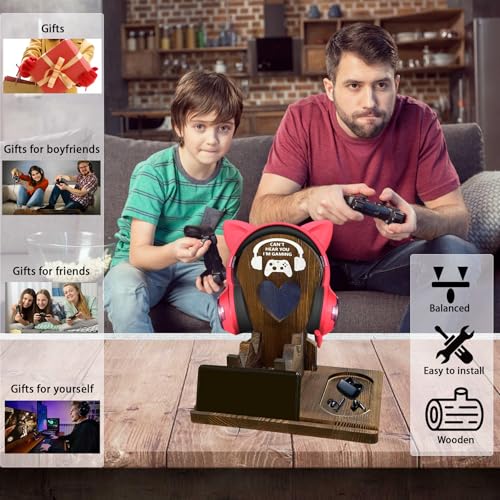 Wooden Headset Stand with Controller Holder - Multi-Functional Gaming Organizer for Desk, Detachable Design w/Phone Slot - Perfect Gamer Gift for Men, Dad, Graduation