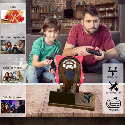 Wooden Headset Stand with Controller Holder - Multi-Functional Gaming Organizer for Desk, Detachable Design w/Phone Slot - Perfect Gamer Gift for Men, Dad, Graduation