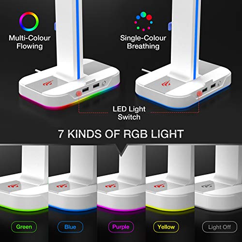 havit RGB Gaming Headphone Stand Desk Dual Headset Hanger Base with Phone Holder & 2 USB Ports for Desktop PC Game Earphone Accessories, White (Renewed)