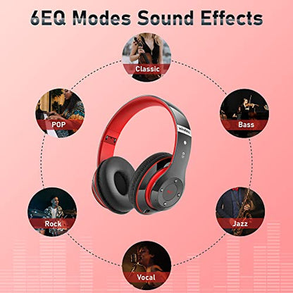 Bluetooth Headphones Over Ear, 6S Foldable Wireless Headphones with 6 EQ Modes, 40 Hours Playtime HiFi Stereo Headset with Mic, Soft Ear Pads, TF/FM for Cellphone/PC/Home (Red) - color: Red