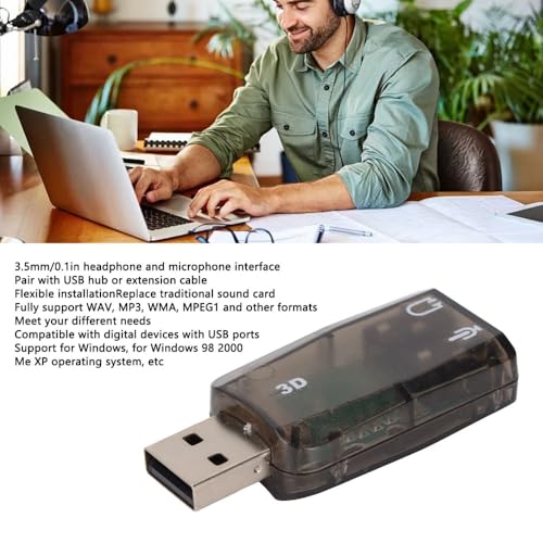 Stereo Virtual 5.1 Channel USB 2.0 Pure Digital Sound Card with 3.5mm Headphone Microphone Jacks External Sound Adapter for Windows PC