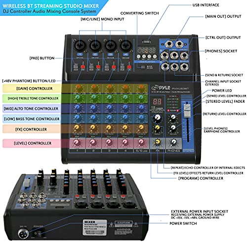 Pyle Professional 6 Channel Audio Mixer with Bluetooth - DJ Sound Board - USB Computer Input - Built-in MP3 Player - 48V Phantom Power - 3 Band EQ - 16-Bit DSP FX - Band, Studio Ready - PMXU63BT - size: 6