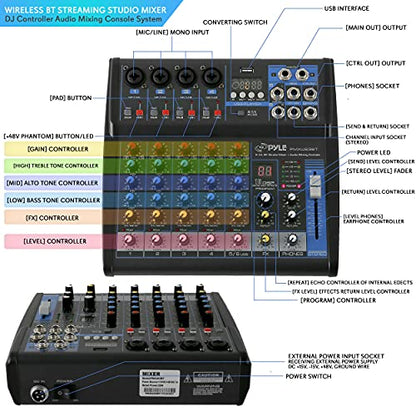 Pyle Professional 6 Channel Audio Mixer with Bluetooth - DJ Sound Board - USB Computer Input - Built-in MP3 Player - 48V Phantom Power - 3 Band EQ - 16-Bit DSP FX - Band, Studio Ready - PMXU63BT - size: 6